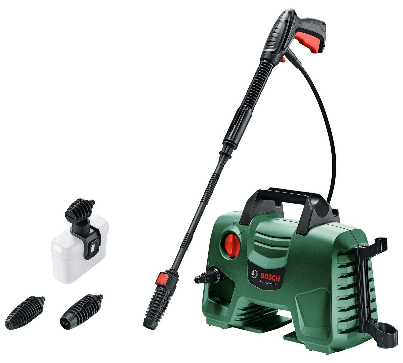 Bosch high pressure washer EasyAquatak 110 (compact design, 110-bar pump, 450-ml High-Pressure Detergent Nozzle, push-fit connections, in-use gun storage, accessory storage)