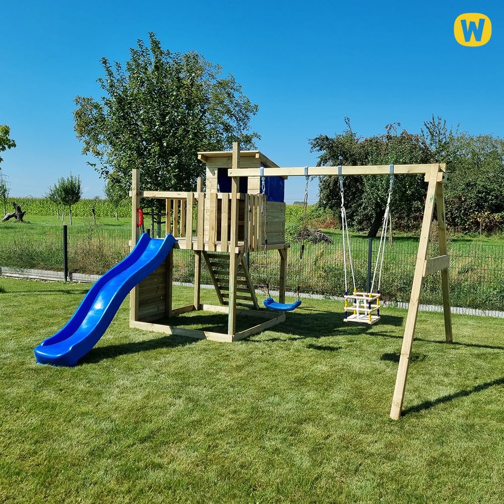 WICKEY Wooden climbing frame Smart Camp with swing set & green slide, Outdoor kids playhouse with sandpit, climbing ladder & play-accessories for the garden