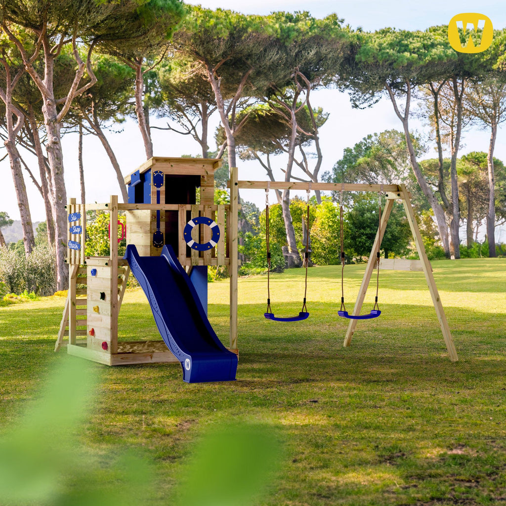 WICKEY Wooden climbing frame Smart Camp with swing set & green slide, Outdoor kids playhouse with sandpit, climbing ladder & play-accessories for the garden